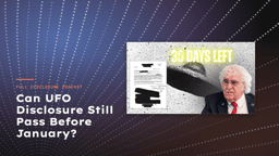 Navy and violet gradient with radiating dotted lines, the episode thumbnail inset, and the headline “Can UFO Disclosure Still Pass Before January?”
