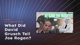 Navy and violet gradient with radiating dotted lines, the episode thumbnail inset, and the headline “What Did David Grusch Tell Joe Rogan?”