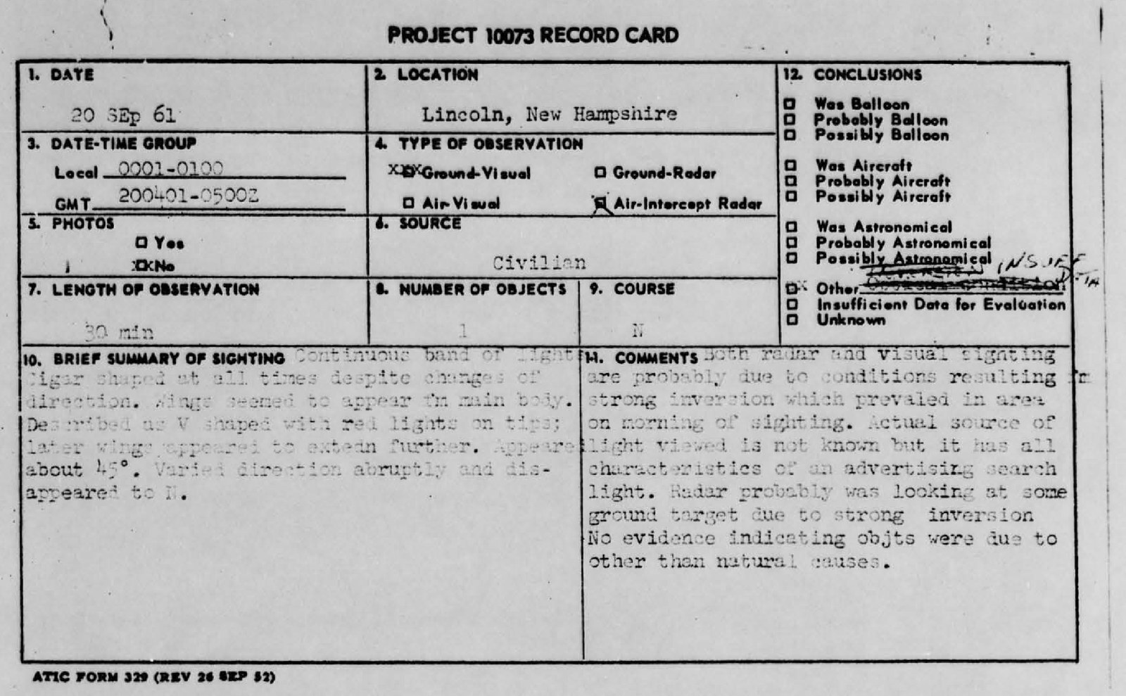 US Air Force Project Blue Book record card for the Hill sighting, September 20, 1961